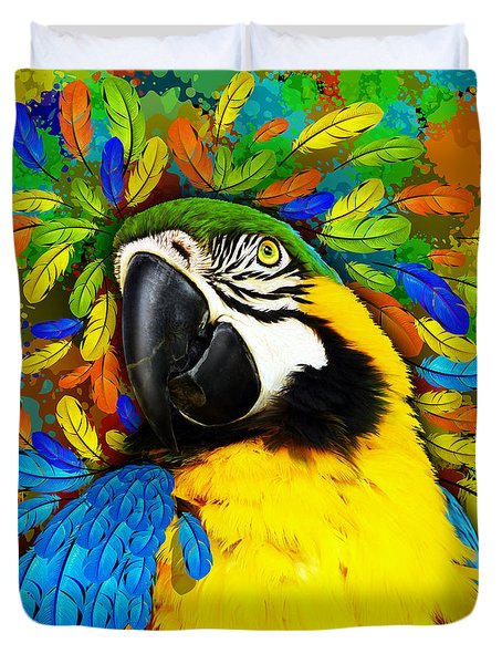 Duvet Cover featuring the mixed media Gold And Blue Macaw Fantasy by BluedarkArt Lem