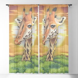 Giraffe on Wild African Savanna Sunset Sheer Curtain
