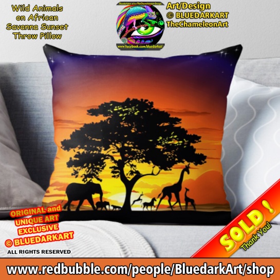 Wild Animals on African Savanna Sunset Throw Pillow - Design © BluedarkArt TheChameleonArt