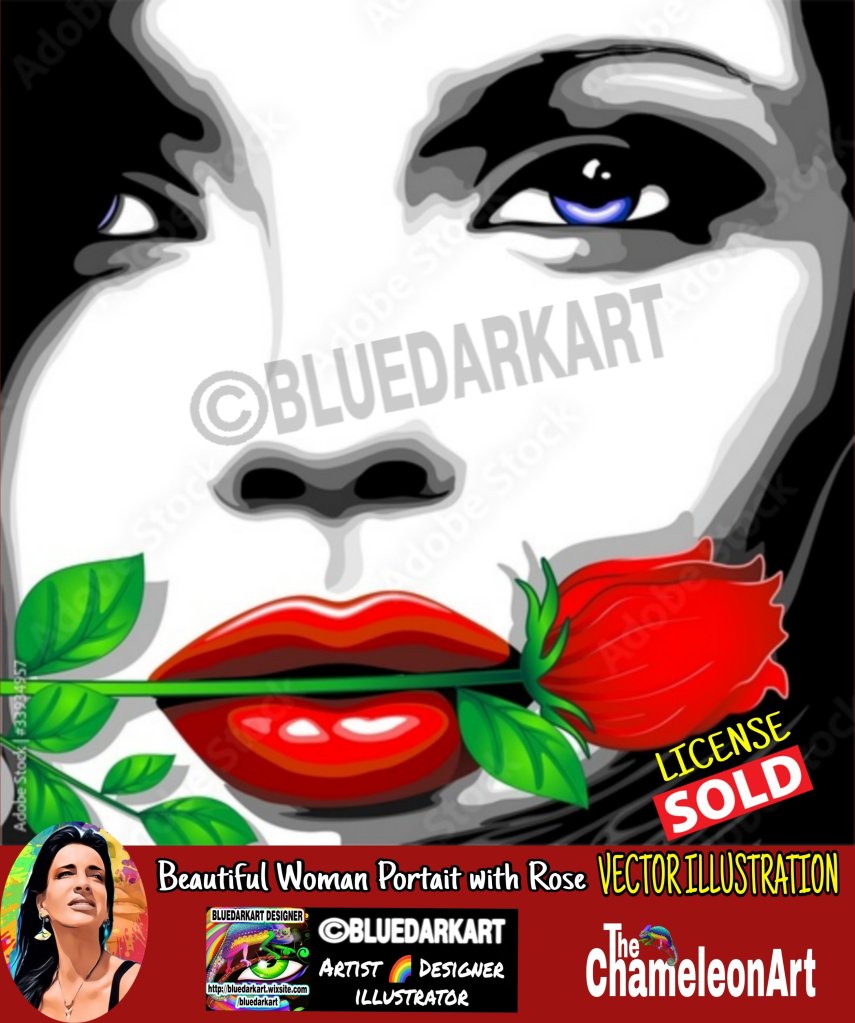 Beautiful Woman Face with Red Rose 🌹 vector illustration ©️ BluedarkArt TheChameleonArt 