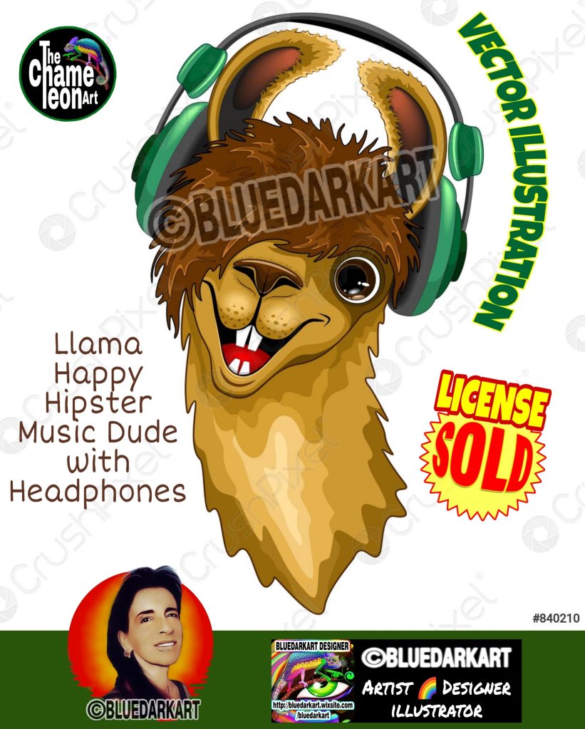 Llama Happy Hipster Music Dude with Headphones 🎧 Vector Illustration 🦙 Vector art ©️ BluedarkArt TheChameleonArt 