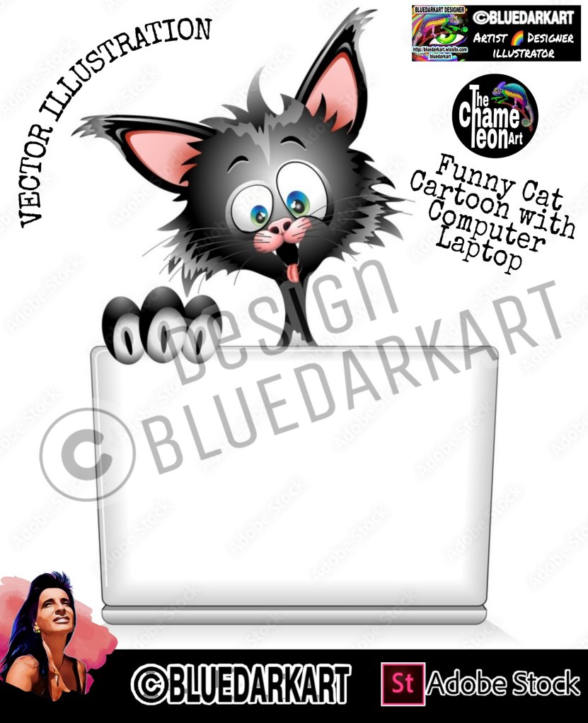 Funny Cat Cartoon with Computer Laptop 🐈‍⬛ vector art ©️ BluedarkArt TheChameleonArt