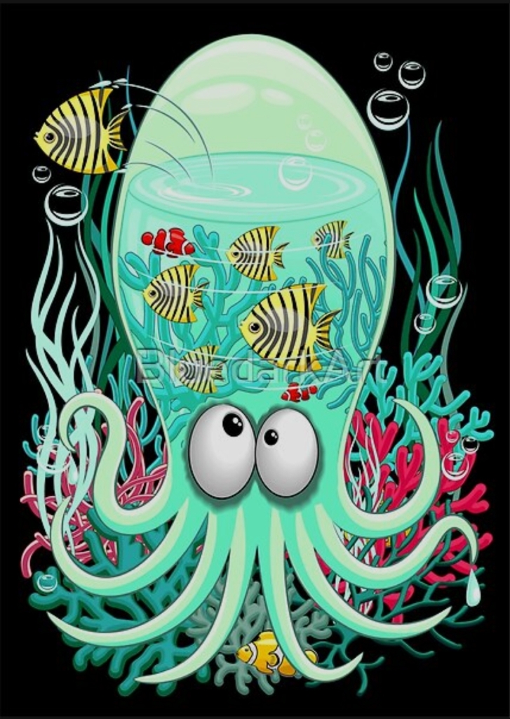Octopus Silly Funny Character on Coral Reef Pattern

